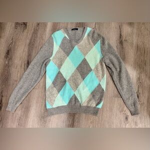 Canali Men's V-Neck Argyle Sweater in Gray and Aqua